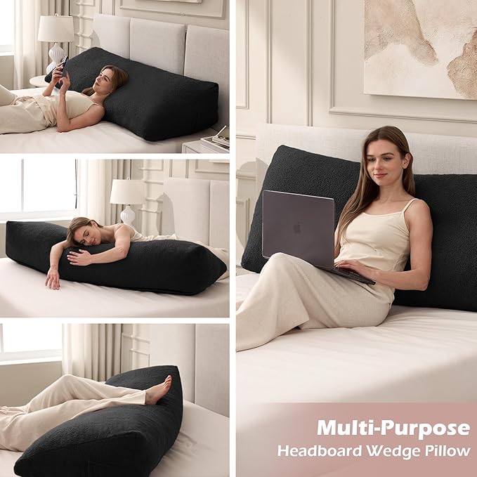 Headboard Pillow King, Triangle Bed Wedge Pillow for Headboard, Backrest Pillow for Sitting up, Reading, Working, Headboard Daybed Pillow with Removable Cover for Bed, Dorm Sofa, Black