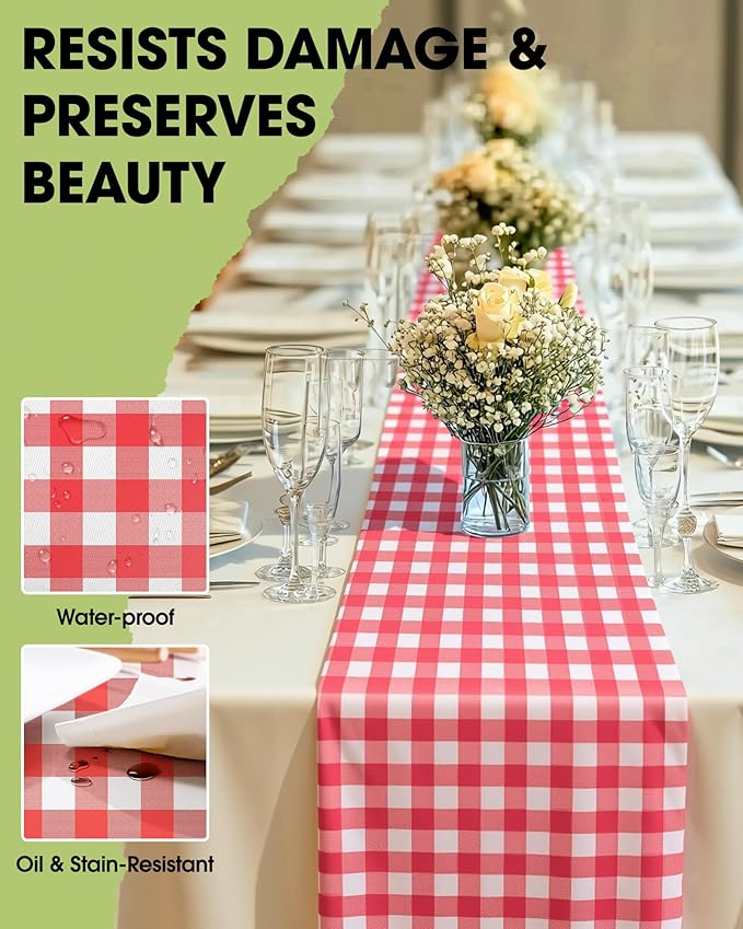Pureegg Gingham Plastic Table Runners - 10 Pack, 14'' x 108'', Water Resistant & Disposable Plaid Centerpiece Decorations for Table Cloth, Birthday, Holiday, Party, Red and White Checkered Home Decor