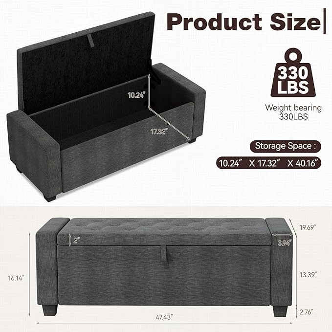 Storage Ottoman Bench, 50" End of Bed Bench with Legs,Storage Chest with Safety Hinge, Modern Entryway Benchs for Living Room, Bedroom, Entryway, Darkgray