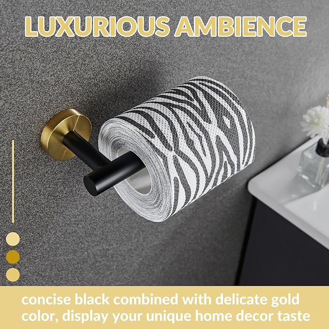 Toilet Paper Holder, APLusee Stainless Steel Half Open Round Tissue Roll Hanger, Bathroom Kitchen Wall Storage (Black & Gold)
