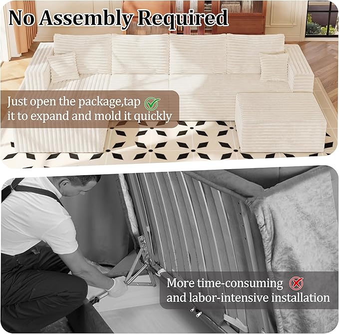 Couches Sofa, Boneless Compressed Sofa in a Box, U-Shaped Cloud Couch with Deep Seats & Chaise for Living Room, No Assembly Required (Beige, 118" U-Shape with Left Facing Chiase) | Boneless Compressed, Sofa in a Box, Cloud Couch, Deep Seats, No Assembl...