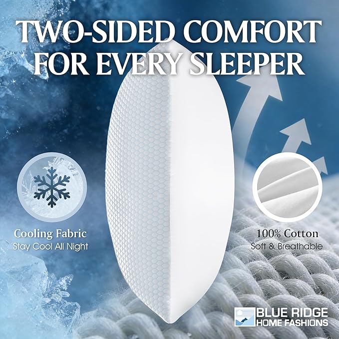 Blue Ridge Home Fashions Cooling Bed Pillows Queen Size Set of 2, Reversible Cooling & Cotton Fabric, Medium Firm, Down Alternative Breathable for Hot, Side, Back & Stomach Sleepers, 20" x 28"