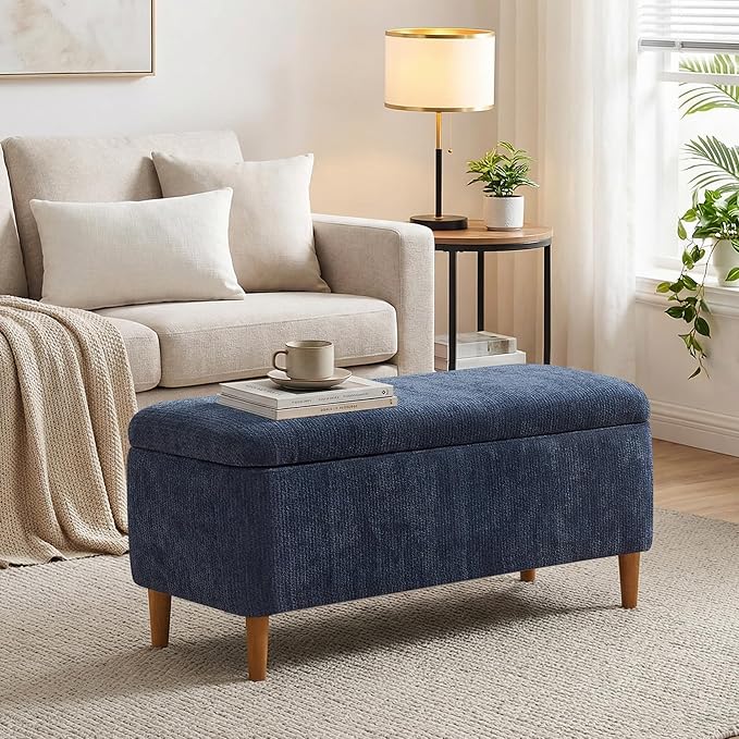 39.4”Ottoman with Storage,Upholstered Comfy Storage Bench Ottoman with Wooden Legs,End of Bed Bench Footstool for Hallway Entryway Bedroom Living Room Blue