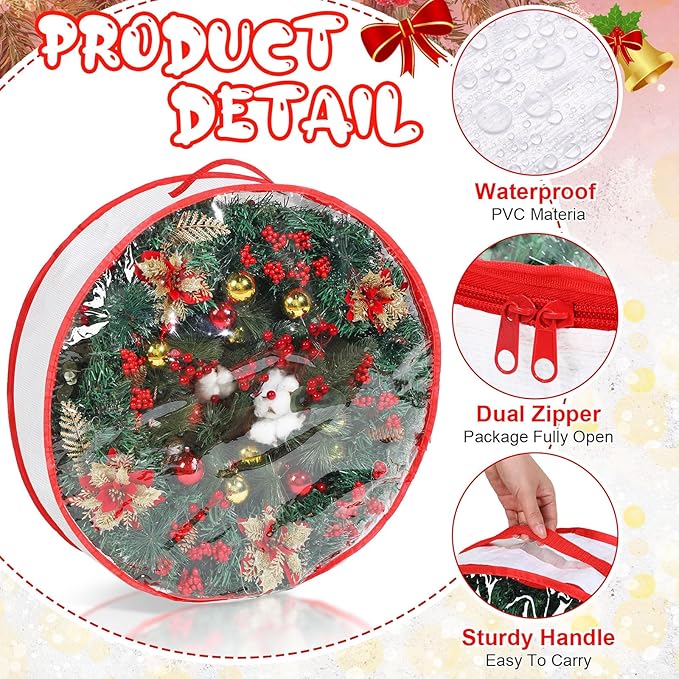 Aliceset 4 Pack Wreath Storage Containers, Ornament Garland Wreath Storage Bags with Handle Zipper Decorative Storages Box for Winter Valentine Wreaths(30 x 30 x 7.8 Inch,White)