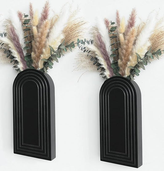 Modern Wall Vase Set of 2 - Black Boho Wood Wall Decor for Living Room, Dining Room & Entryway - Large Farmhouse Wall Mounted Flower Vases - Minimalist Art Wall Decor for Bathroom, Kitchen & Bedroom