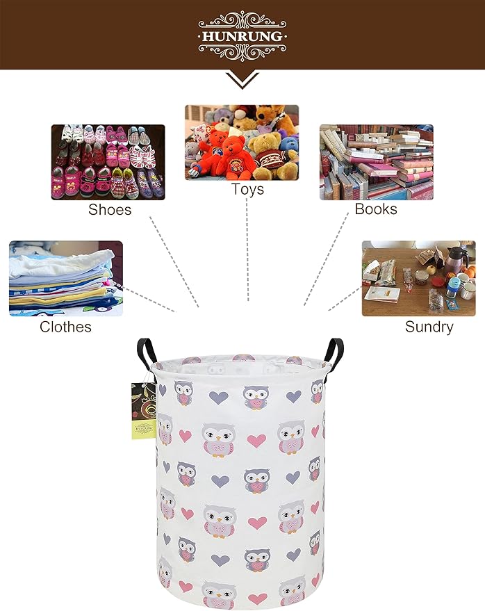 HUNRUNG Collapsible Fabric Storage Basket, Waterproof Laundry Hamper with Handles, Round Storage Bin for Clothes Toys, Foldable Organizer for Bedroom Nursery Bathroom(Round-Love Owl)