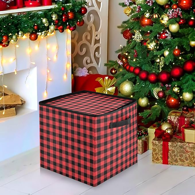 Red Buffalo Plaid Christmas Ornament Storage Basket Box Winter Xmas Holiday Storage Container Cube with Adjustable Dividers for 64 Holiday Ornaments or Decorations Keeps Clean and Dry for Next Season