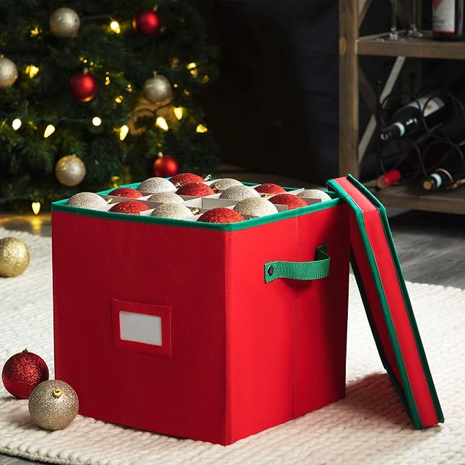 Durable Non-Woven Christmas Ornament Storage Box with Removable lid, Stores up-to 64 Standard Holiday Ornaments & Xmas Decorations For Seasons To come - 12 x 12 Inch 4 Layer Ornament Storage Container