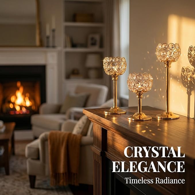 Crystal Candle Holders 4 Set of 12 - Gold Vintage Hollow Ball Candle Stand for Table Centerpiece, Crystal Metal Tealight Candlestick for Wedding, Dining Room Decor