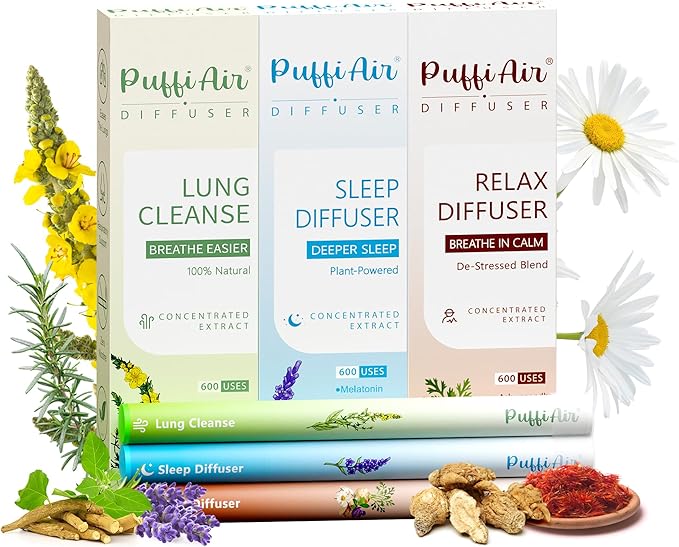 Herbal Diffuser Trio, Lung Cleanse, Sleep and Relax Diffuser with Extract of Mullein, Melatonin and and Chamomile, 100% Natural Swap, Wellness De-Stress Trio, 600 Uses Each