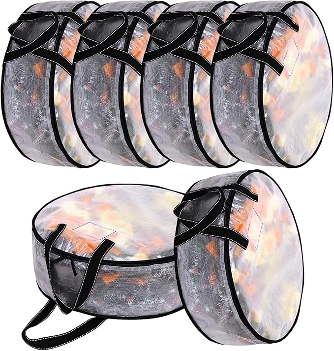YAYODS 6 Pack Wreath Storage Container Bag 24 Inch Christmas Wreath Storage Bag Heavy Duty Christmas Wreath Boxes with Clear Window for Xmas Holiday Seasonal Wreath Garland (Black)