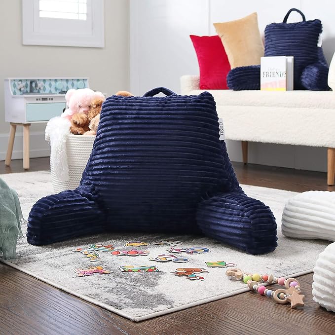 Nestl Reading Pillow with Shredded Memory Foam, Luxe Cut Plush Back Pillow for Sitting Up in Bed, Back and Arms Adjustable Support for Adult & Teens, Backrest Pillows with Washable Cover Navy Blue