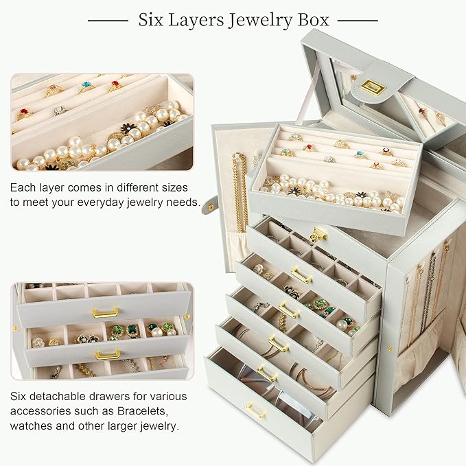 AKOZLIN Large Jewelry Box Organizer Functional with Big Mirror, Leather Jewelry Storage Case for Women Girls Ring Necklace Earring Bracelet Holder Organizer Grey