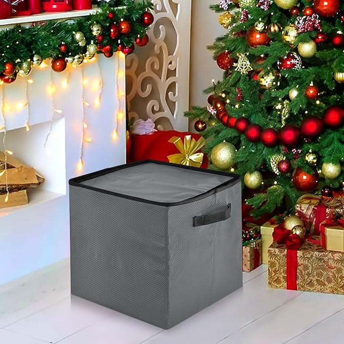 Gray Christmas Ornament Storage Basket Box Holiday Storage Container Cube with Adjustable Dividers for 64 Holiday Ornaments or Decorations Keeps Clean and Dry for Next Season
