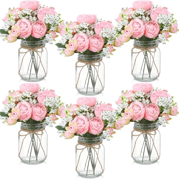 Zeyune 6 Sets Mason Jar Centerpiece Table Decorations, Artificial Peony Baby's Breath Flower Bouquets, Faux Flowers with Vase, Rustic Decor Gifts for Home, Wedding, Holiday (Light Pink)