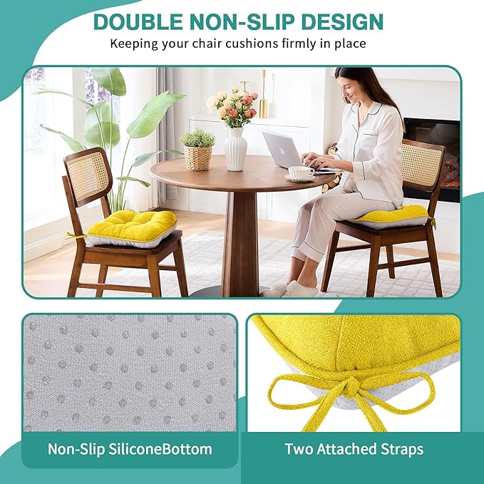 BETU Chair Cushions for Dining Chairs Set of 4,3.5" Thick Kitchen Table Chair Pads with Ties,Non Slip Backing and Covers, Seat Cushion for Dining Room,Bar,Patio Chairs,16"X16"X3.5",Gold