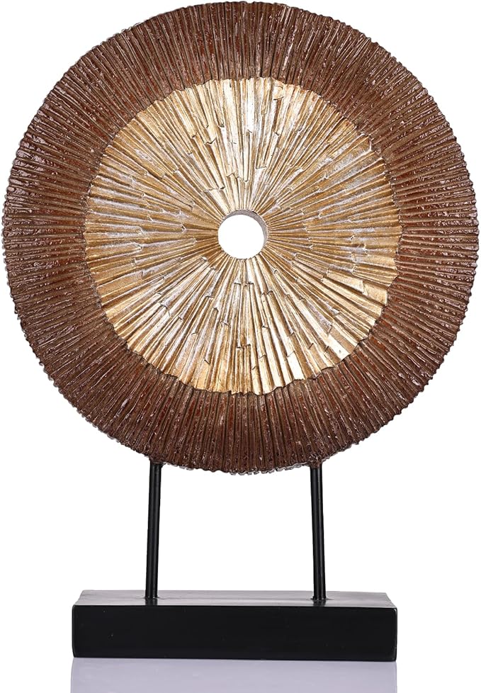 12" Tall Abstract Brown Gold Round Sculpture - Unique Wood Color Home Decoration for Above Cupboard Decor, Living Room Coffee Table, Console, Office, Entrance, Table Centerpieces (Brown Gold)