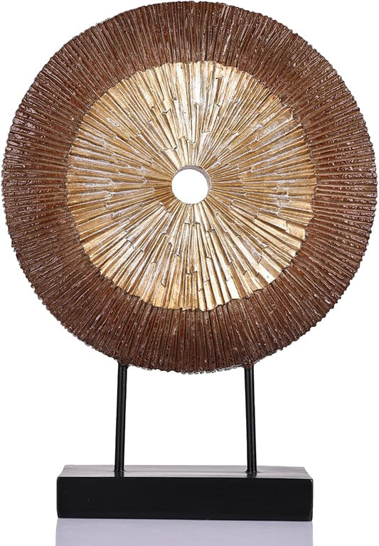 12" Tall Abstract Brown Gold Round Sculpture - Unique Wood Color Home Decoration for Above Cupboard Decor, Living Room Coffee Table, Console, Office, Entrance, Table Centerpieces (Brown Gold)