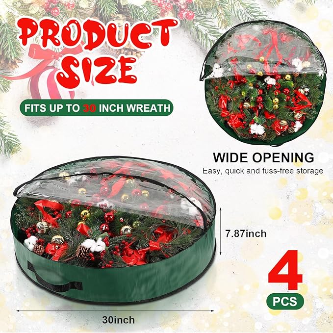 Aliceset 4 Pack Wreath Storage Containers, Ornament Garland Wreath Storage Bags with Handle Zipper Decorative Storages Box for Winter Valentine Wreaths(30 x 30 x 7.8 Inch,Green)