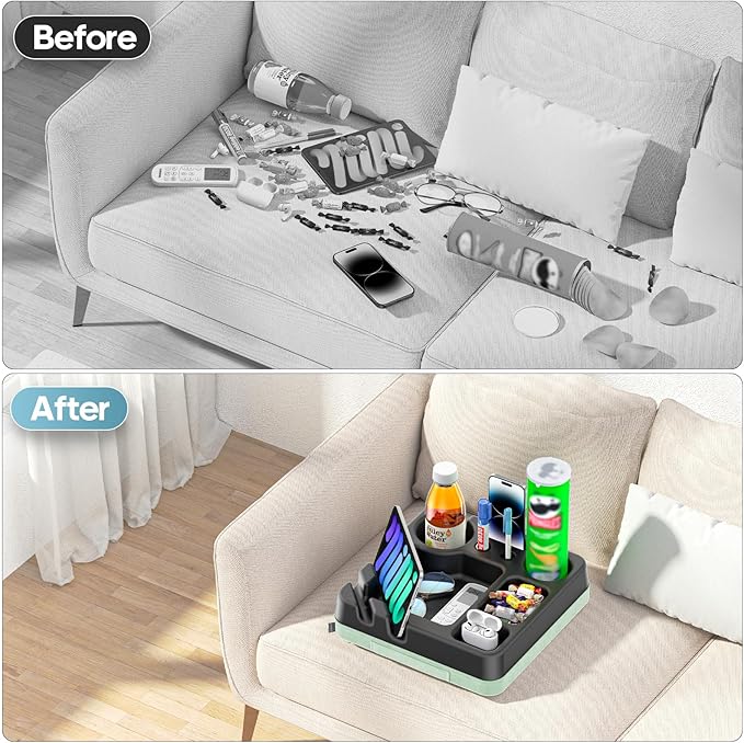 Couch Cup Holder Tray Couch Cup Holder Pillow Bed Tray Snack Sofa Bed Caddy Organizer Beach Sofa Drink Holder Anti-Spill Portable Snack Caddy Couch Remote Holder for Phone Pad Kindle Beverage Green