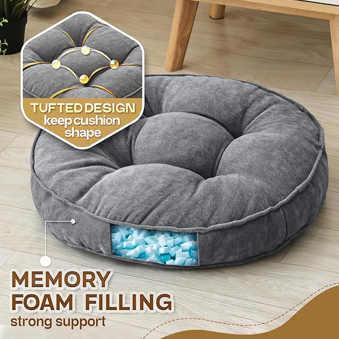 1 MIDDLE ONE Floor Pillow Set of 2, Memory Foam Floor Cushions for Adults, Large Meditation Pillow for Sitting, 22 x 22 Inches (Round | Grey)