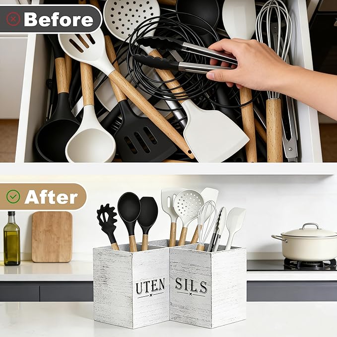Extra Large Kitchen Utensil Holder for Countertop, Three Compartment Wooden Utensil Holder Farmhouse Decor Perfect for Storing Spatulas and Cooking Tools
