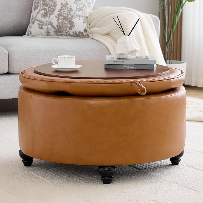 WUTUTUEE 30Inch Round Storage Ottoman with Tray, Modern Tufted Leather Circle Coffee Table with Storage, Upholstered Ottoman with Removable Top for Living Room, Bedroom, Leather Brown