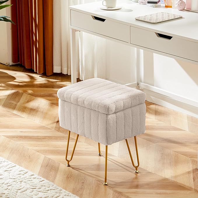 DUMOS Vanity Stool Chair, Ottoman with Storage, Makeup Cute Soft Small Footstool, Modern Style Faux Fur Seat with 4 Metal Legs & Adjustable Feet for Dressing, Living Room Bedroom Dorm, Camel