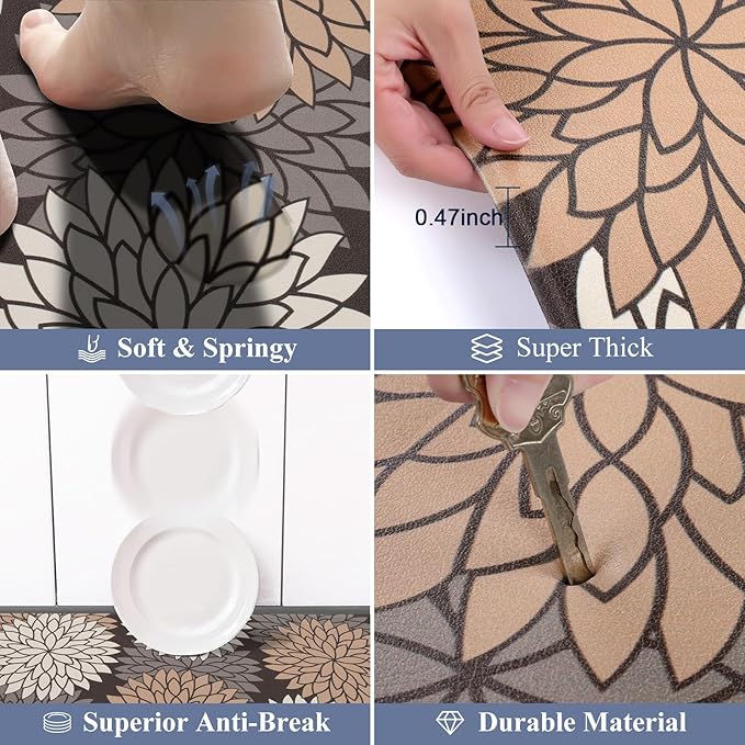 HEBE Anti Fatigue Kitchen Rugs Sets of 2, Non Slip Kitchen Mats for Floor, Waterproof Cushioned Comfort Standing Carpet for Kitchen Sink, Home Office, Laundry Room