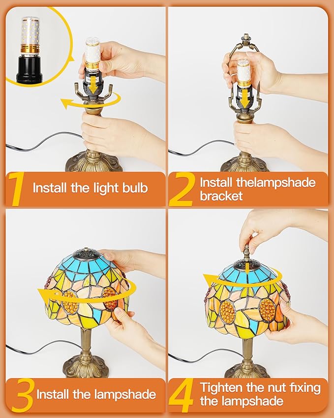 Sunflower Tiffany Style Table Lamp with LED Bulb, 8 Inch Handmade Stained Glass Light, Antique Desk & Bedside Lamp for Living Room, Bedroom, Study, Art Decor Gift