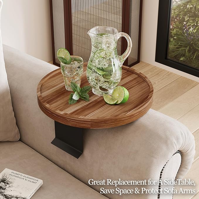 Acacia Wood Couch Arm Tray Table,Anti-Slip Adjustable Round Sofa Arm Tray,Wooden Armrest Caddy Table for Couches,Arm Chair Companion for Drinks Cellphone TV Remote Snacks