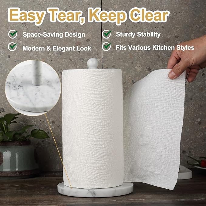 Koville Italian Marble Paper Towel Holder Countertop, Carrara Stone Paper Towel Holder Stand for Kitchen Storage, for Standard or Jumbo-Sized Rolls(Bianco Carrara)