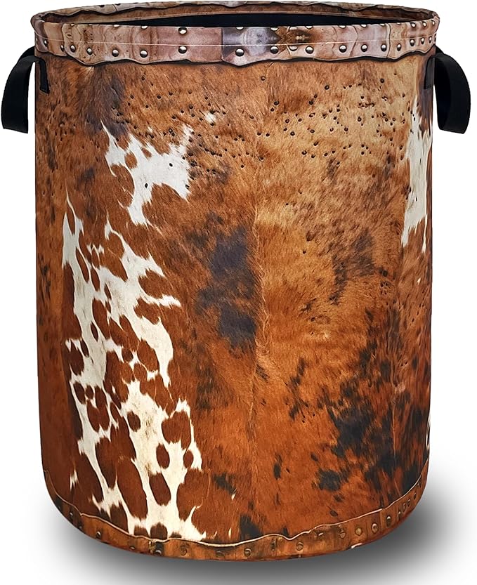 Vintage Brown Cow Skin Laundry Basket Foldable Funny Animal Print Laundry Hamper With Handle Oxford Cloth Portable Clothes Storage Basket Laundry Bag 18.9"x16.5" For Laundry Room/Bedroom/Bathrooms