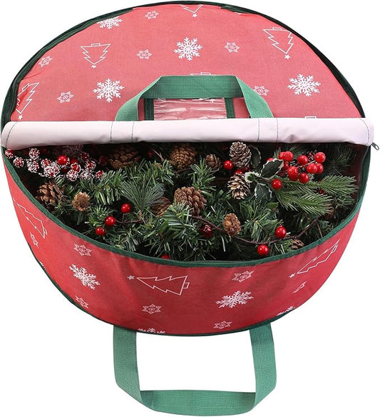 30 Inch Christmas Wreath Storage Bag, Wreath Storage Container with Carry Handles Zipper and Labeling Card Slot, Waterproof Garland Storage Container for Wreath Christmas Decoration, Red