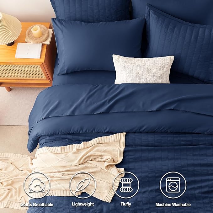 CozyLux Oversized Queen Comforter Set Navy Blue Seersucker 7 Pieces 98x98 Bed in a Bag Comforter Set with Sheets, Luxury Soft Bedding Sets with Down Alternative Comforter, Sheets, Pillowcases & Shams