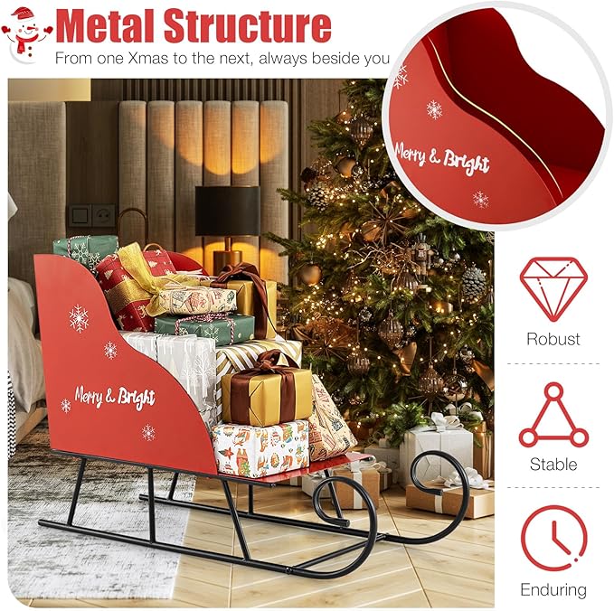 Tangkula Metal Christmas Santa Sleigh Basket, Xmas Santa’s Gift Storage Sleigh, Festive Decorative Sleigh Cart, Holiday Decoration for Home Office Carnival