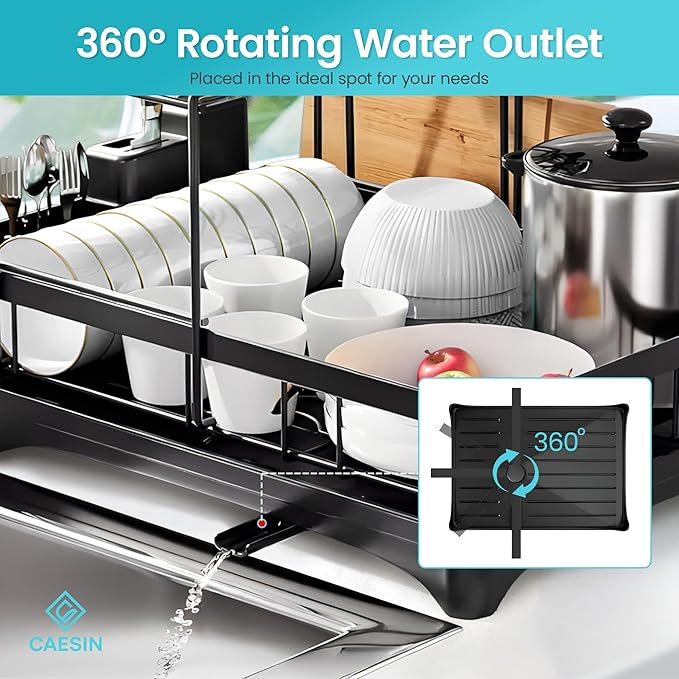 CEASIN 2 Tier Dish Drying Rack, Premium Alloy Steel Dish Drainer for Kitchen Counter, Drainboard & Cup Holder, Anti-Rust & Space Saving, Utensil Holder, Black Dish Drying Rack, 44.5x31.8x11.7