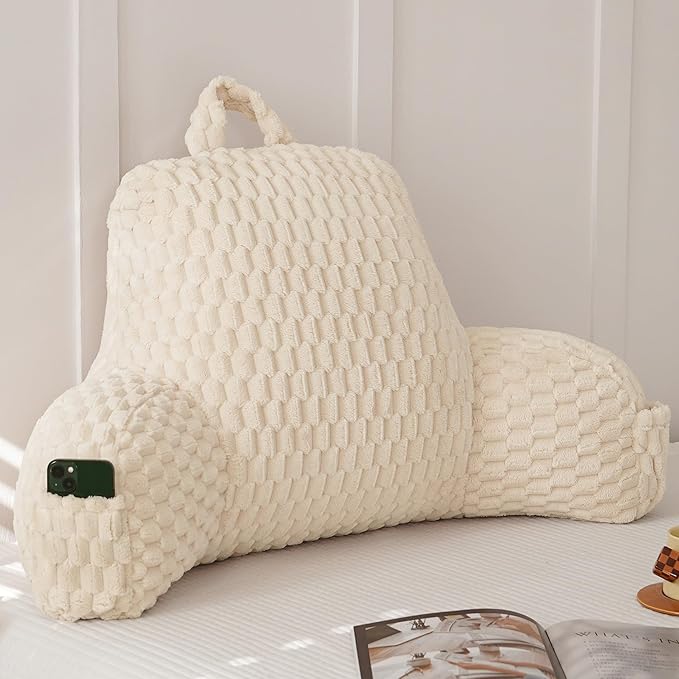Yaoshuho Fluffy Reading Pillow for Sitting in Bed, Large Backrest Bed Pillow with Arms, Back Support Pillow for Lounging Bedrest, Beige