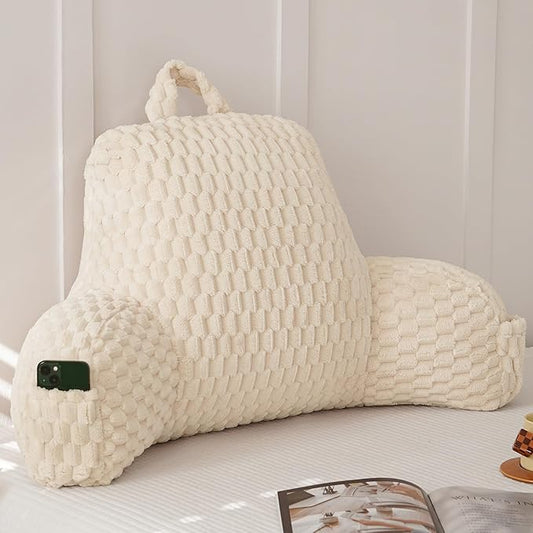 Yaoshuho Fluffy Reading Pillow for Sitting in Bed, Large Backrest Bed Pillow with Arms, Back Support Pillow for Lounging Bedrest, Beige