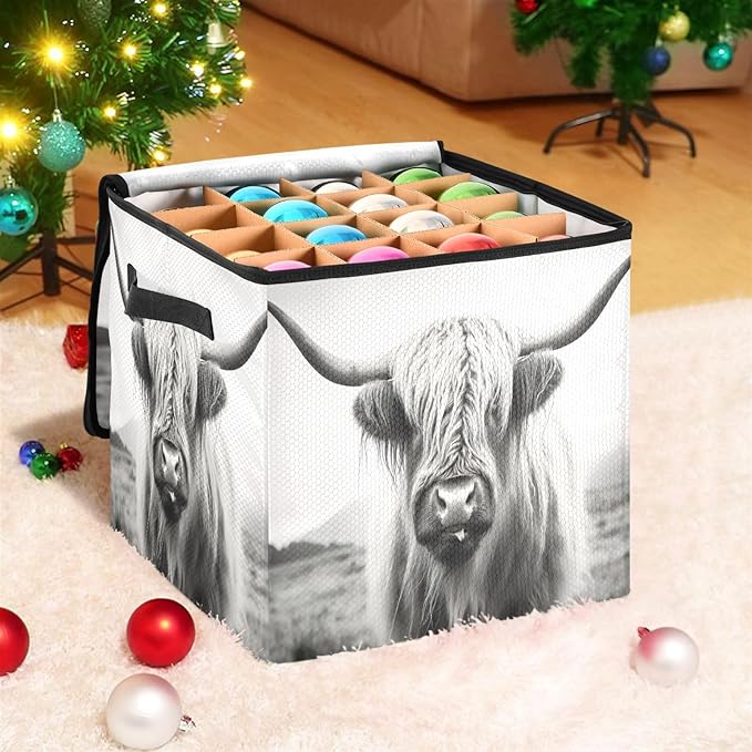 Kigai Highland Cow Christmas Ornament Storage Box with Zipper & Adjustable Dividers Holiday Ornament Organizer Xmas Storage Container, 64 Balls