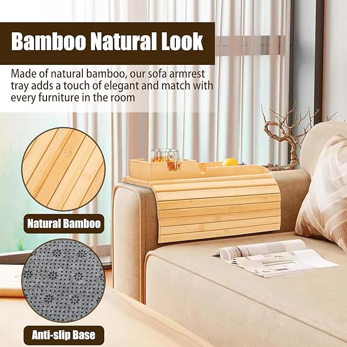 2 Pack Bamboo Couch Cup Holder, Foldable and Anti-Slip Sofa Arm Table with Detachable Sofa Arm Organizer Tray, Portable 2 in 1 Sofa Armrest Tray for Drink, Coffee, Cup, Remote, Snacks, Phone, Glasses