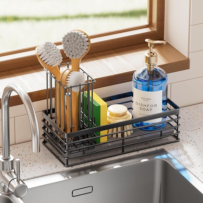 Yofidra Sponge Holder for Kitchen Organizer: Sink Caddy with Instant Drying Stone, Metal Stainless Steel, 9.3" X 4" Home Decor Storage and Organization Accessories, Black