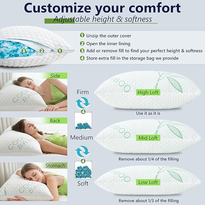 Memory Foam Pillows, Cooling Pillows Queen Size Set of 2 Adjustable Firm Bamboo Bed Pillows for Hot, Side, Back and Stomach Sleepers
