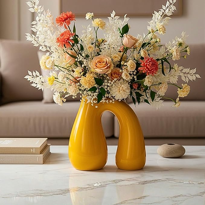 PROBENEX Yellow Ceramic Decorative Pitcher Vase, 7.5 in – Glossy Sculptural Arch-Handle, Modern Home Décor Accent for Fresh or Dried Floral Arrangements, Table/Shelf/Entryway, Giftable