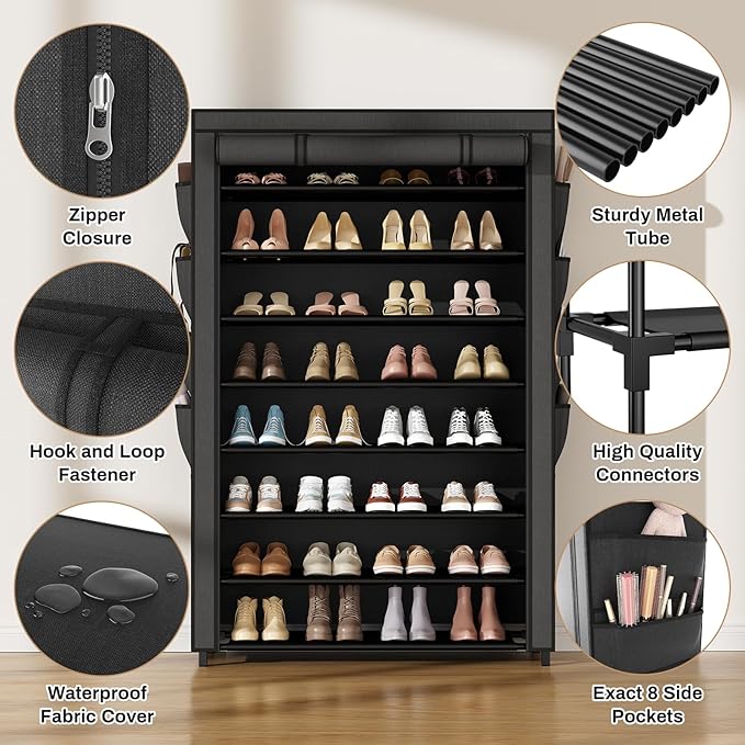 VILICK Shoe Rack with Cover, 8 Tier Tall Shoe Organizer Storage for 36-45 Pair Shoes and Boots Large Shoe Storage Shelf Free Standing Shoe Rack for Closet, Front Door Entrance, Dorm, Garage