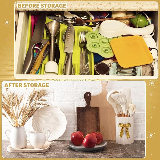 LemonRoad Ceramic Utensil Holder Kitchen Handmade Gold Bow 3D Cooking Utensil Crock with Scalloped Edge Design Vintage Retro Storage Caddy Organizer Vase Decor for Kitchen Accessories Countertop Gift