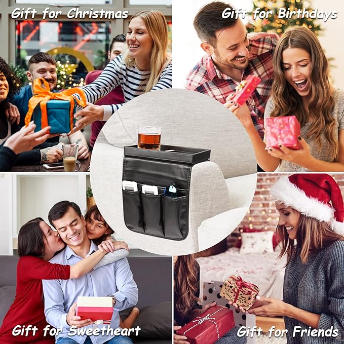 Couch Caddy, Armchair caddy with Detachable Tray, Non-Slip PU Leather Remote Control Holder for Recliner with 5 Pockets (Black)