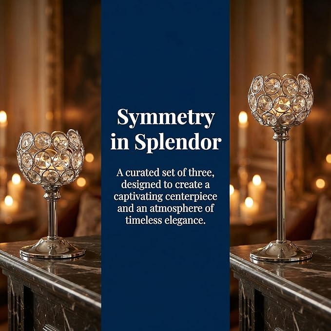Crystal Candle Holders 2 Set of 6 - Sliver Vintage Hollow Ball Candle Stand for Table Centerpiece, Crystal Metal Tealight Candlestick for Wedding, Dining Room Decor