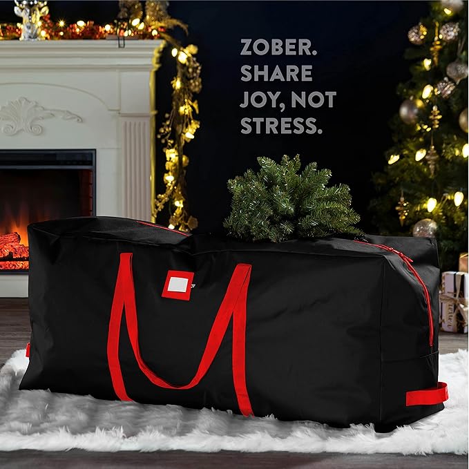 ZOBER 600D Oxford Fabric Christmas Tree Storage Bag - Fits 7.5 Ft Artificial Trees - Tear Proof Waterproof Christmas Tree Bag For Storage Box For Xmas - Strong, Durable Handles - Card Slot - Black