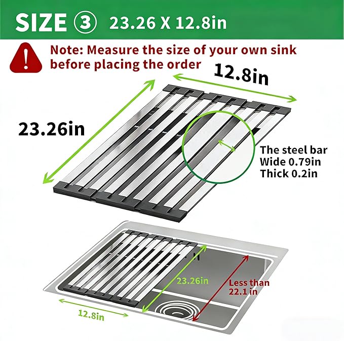 Over The Sink Kitchen Dish Drying Rack Organizer - Stainless Steel Collapsible Non-Slip Space-Saving [23.26 * 12.8IN] - Rust-Resistant Heat-Resistant Sturdy - Easy to Clean